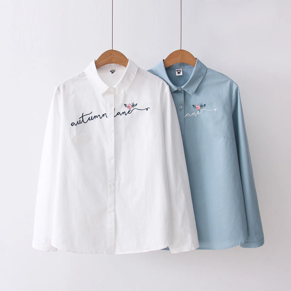 

Kumeiya 100% Cotton Women School Shirt Letter Floral Embroidery White Blue Tops Ladies Blouses Long Sleeve Female Office Shirt