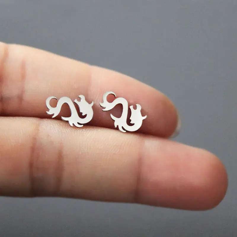 pair Stainless Steel 2 Color Dragon Hand Ball Stud Earrings with Black Onyx