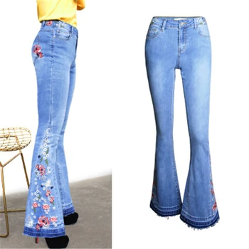 

2019 Jeans woman mid waist explosions selling wide leg pants denim flare pants female embroidered embroidery trousers B002