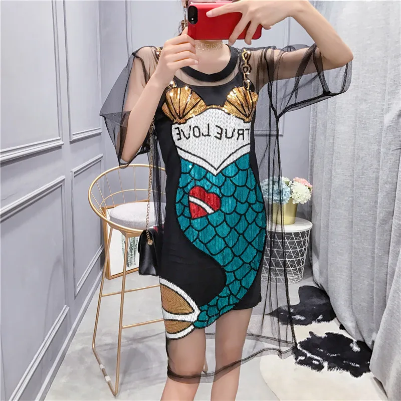 

Aihuyigui Mermaid Summer loose Cartoon Sequin T shirt Dress Women Suit set Black Mesh Cover See Through Top T shirt dress TX601