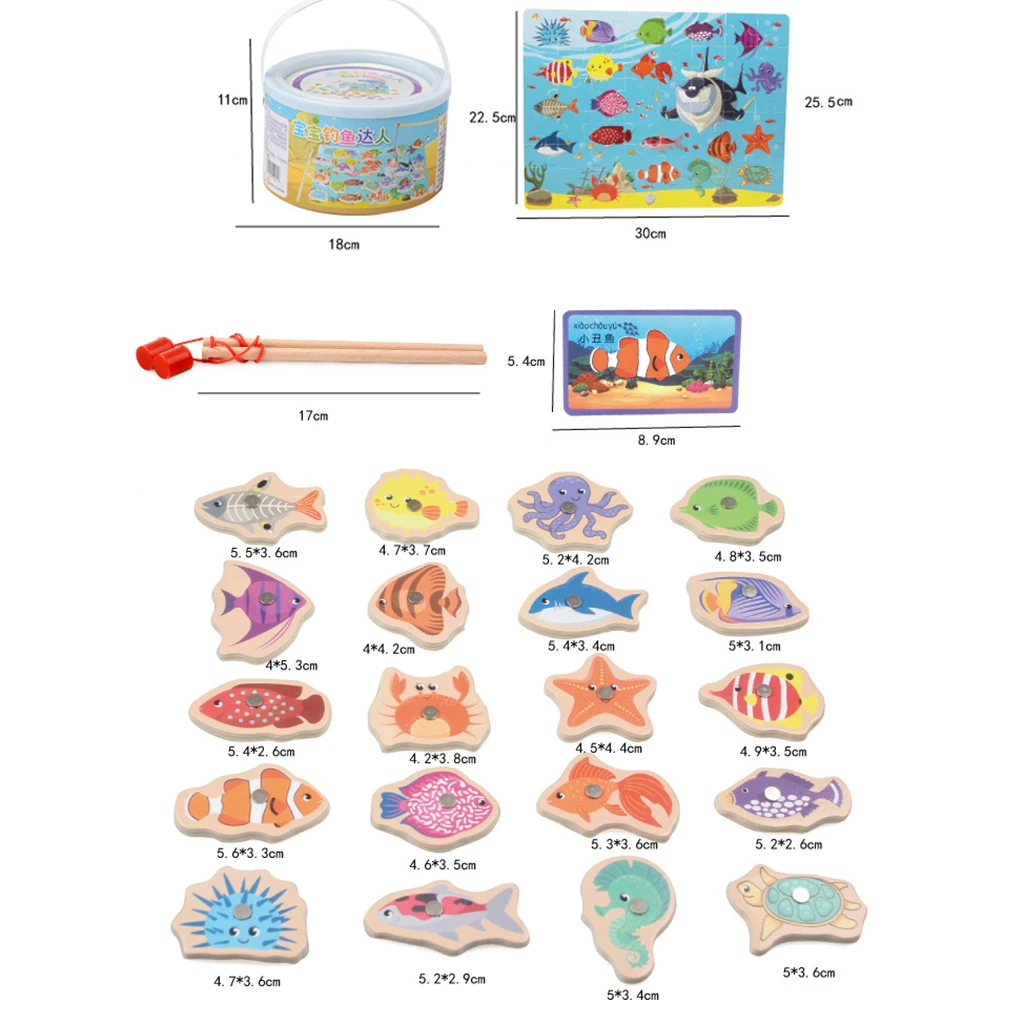 3 in One Magnetic Fishing Game Toy, 20 Wooden Fish Animal Model & 2 poles with Ocean Jigsaw Puzzle Board Educational Pretend Toy