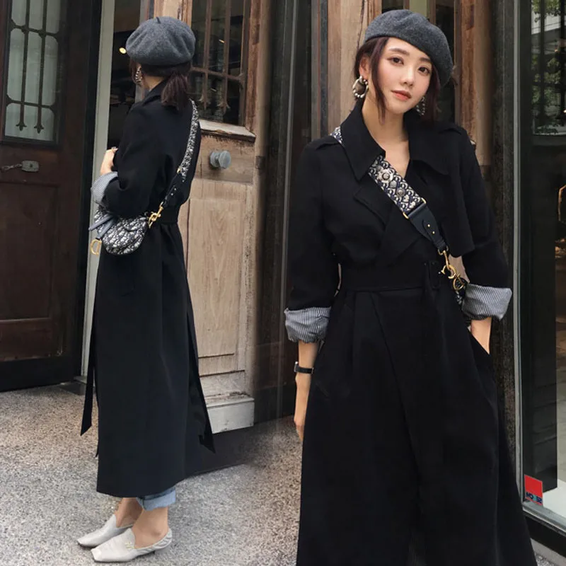 Модный черный длинный Тренч пальто весна осень выше колена свободный галстук корейский шик простое тонкое пальто X778