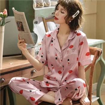 

Summer Satin 2 Pieces Pajama Sets Women 2019 Fashion Print Pyjamas Women Loose Sleepwear Sets Ladies Nightie Home Clothes
