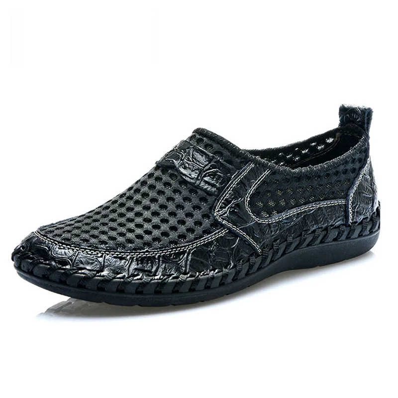 Летняя дышащая сетчатая обувь итальянские лёгкие кожаные туфли типа мокасин мужская повседневная обувь из натуральной кожи без шнуровки Брендовая обувь Мужская мягкая удобная обувь 38-46 - Цвет: Черный