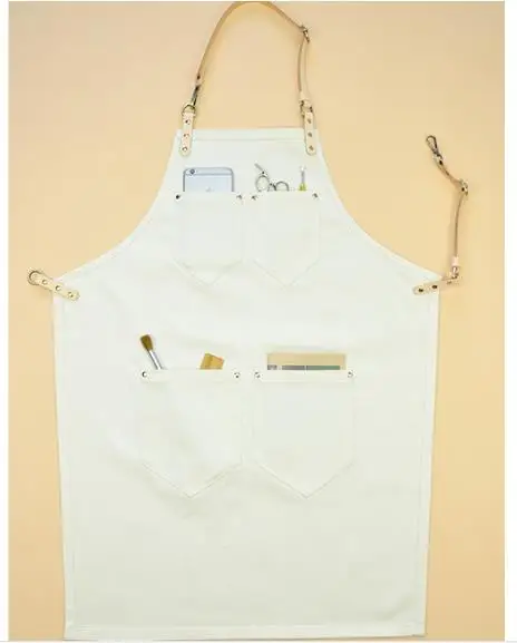 

Simple Design White Color Canvas Bib Apron Real Leather Strap Barber Kitchen Unisex Apron With Pocket Tattoo Shop Workwear S69