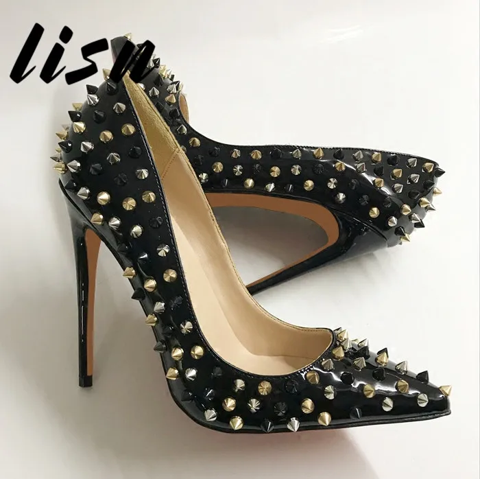 

LISN New Genuine Leather Black Spikle Srudded HIgh Heels Sexy Pointed Toe Slip On Thin HIgh Heel Pumps Wedding Shoes Women