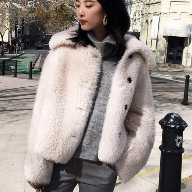Korean Style Womens Merino Sheep Fur Double faced Fur Coat 2019 Autumn