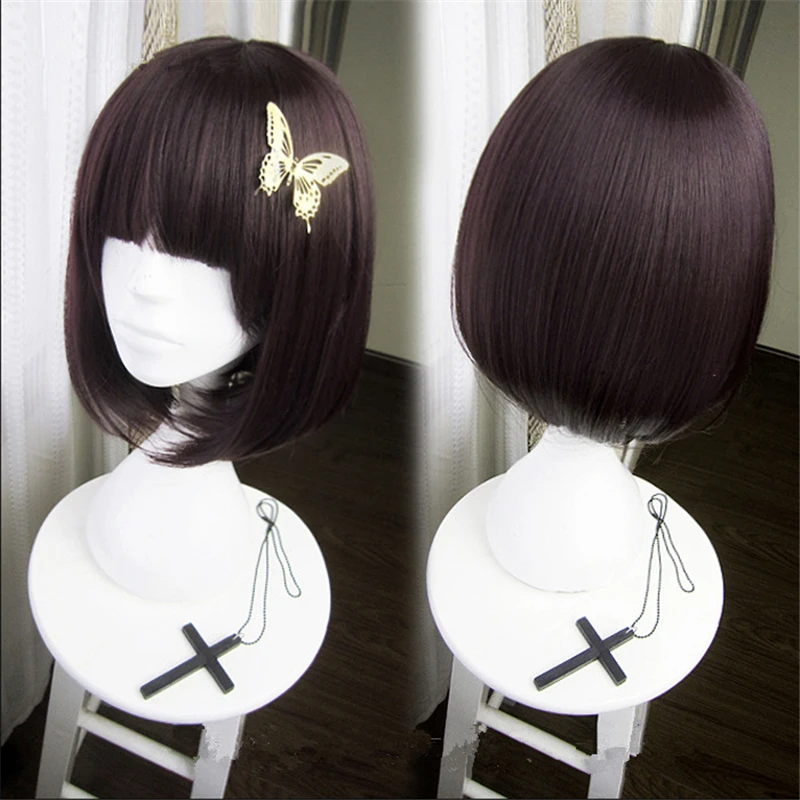 Anime-Bungo-Stray-Dogs-Akiko-Yosano-Short-Bob-Purple-Black-Heat-Resistent-Cosplay-Hair-Wig-Butterfly