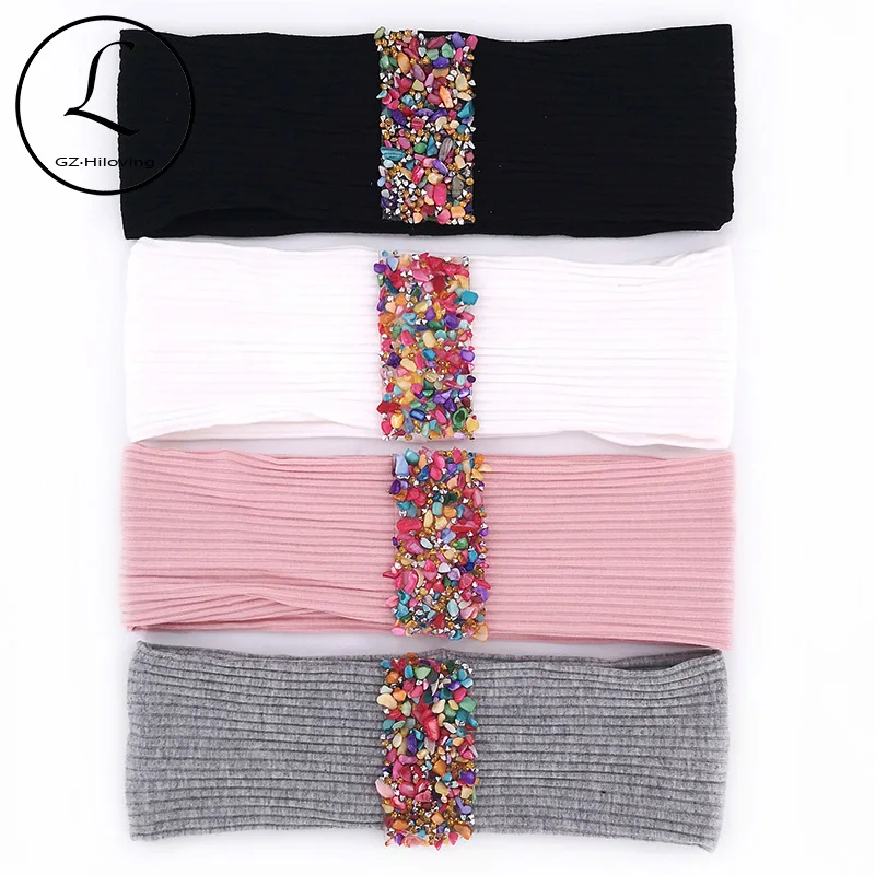 

GZHilovingL Woman Cotton Colorful Stones Ribbon Headbands Headwear Boho Soft Ribbed Elastic Hair band Accessories Party Turban