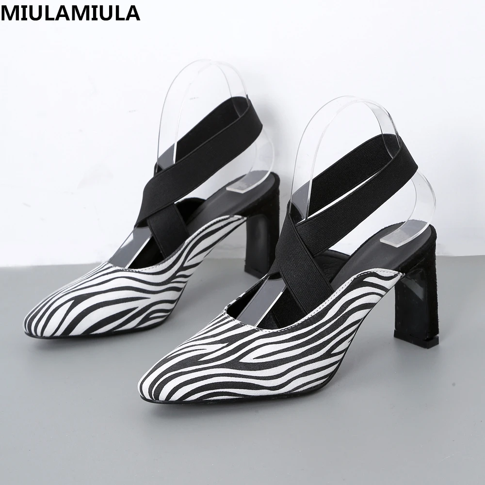 MIULAMIULA Brand Designers 2019 Summer Black White Striped High Square Heels Woman Pointed Shoes Cross Tie Lady Sandals 35-40 | Обувь