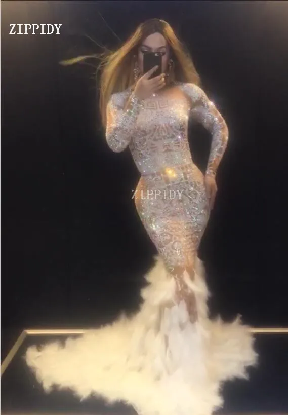 Sparkly Rhinestones Feather Nude Dress Sexy Nightclub Full Stones Long Big Tail Dress Costume Prom Birthday Celebrate Dresses Sparkly Rhinestones Feather Nude Dress Sexy Nightclub Full Stones Long Big Tail Dress Costume Prom Birthday Celebrate Dresses