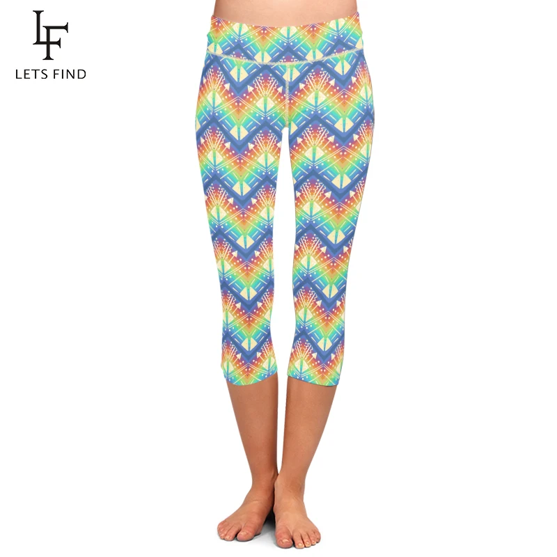 

Summer New Women Capri Leggings Fashion High Waist Polyester High Quaility Milk Silk Print Color Wave Pattern Fitness Leggings