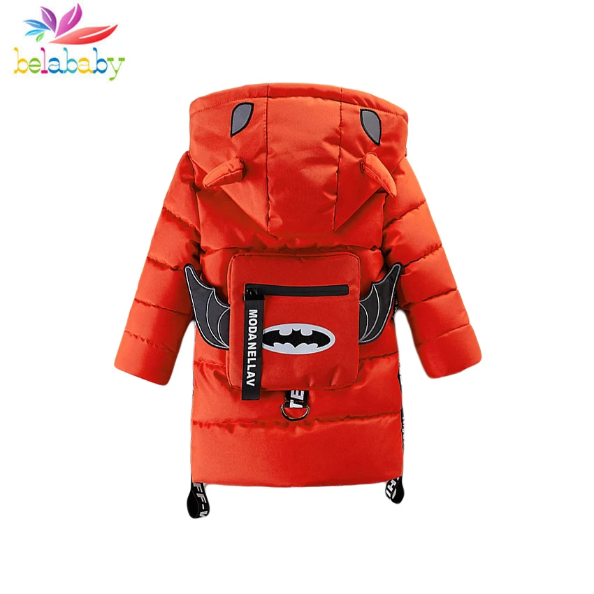 Belababy 2019 New Children Jackets Boys Batman Cartoon Pattern Winter Down Coat Baby Ribbon Costume Kids Warm Outerwear Clothes