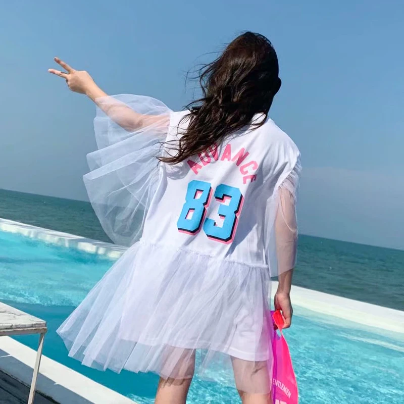 

Girls dress 2019 summer new Korean hit color alphanumeric bat sleeve fight mesh loose dress tide