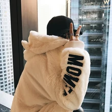 Плюшевая Куртка женская зима корейский черный плюс бархат толстый длинный рукав буквы свободный с капюшоном пушистый белый кардиган