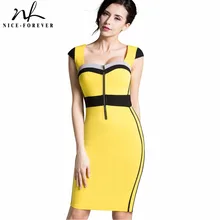 Nice-forever Summer Vintage Female Work Fitted Dress Patchwork Casual Square Neck Sleeveless Zipper Chic Pencil Dress btyb272