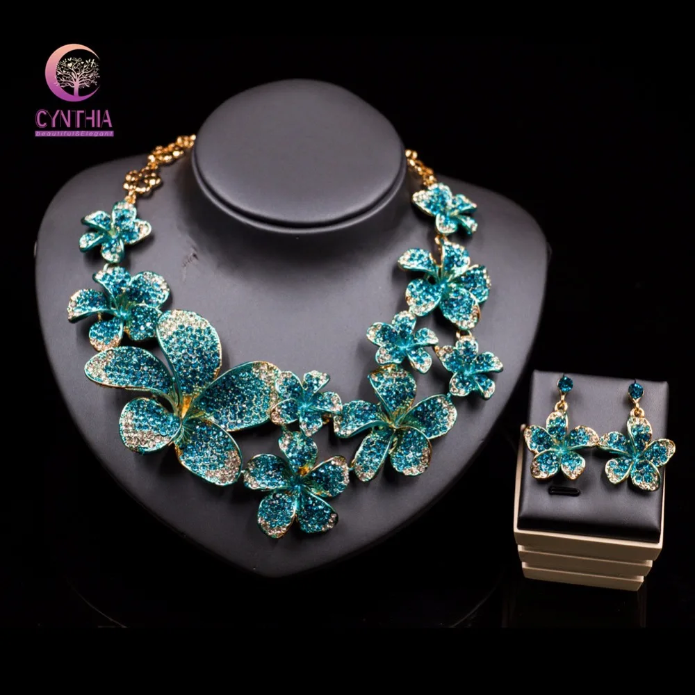 

Trendy Bridal Jewelry Sets Wedding Necklace Earring For Brides Party Accessories Gold Color Big Flowers Rhinestones Decoration