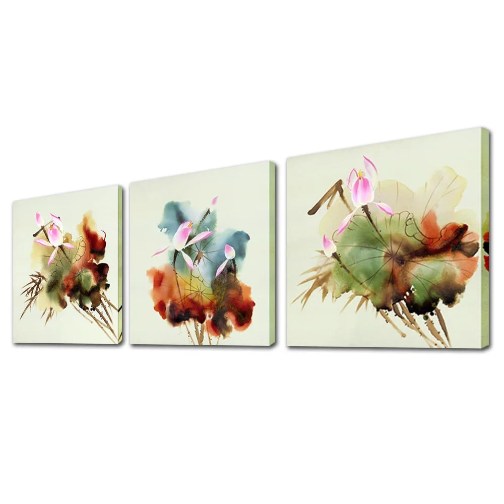 Настенные цветок плакат китайский чернила живопись цветущего лотоса холст печать спрей живопись 3 панели рамка цветок декоративные картины - Цвет: A3096