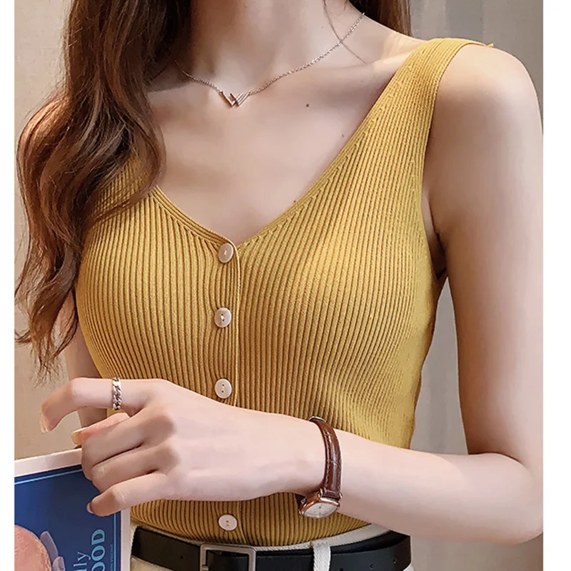 Fashion Button Knit Vest Women Top Camisole Female Solid Elastic knited Slim Sleeveless Tops Femme Summer Casual Camis New