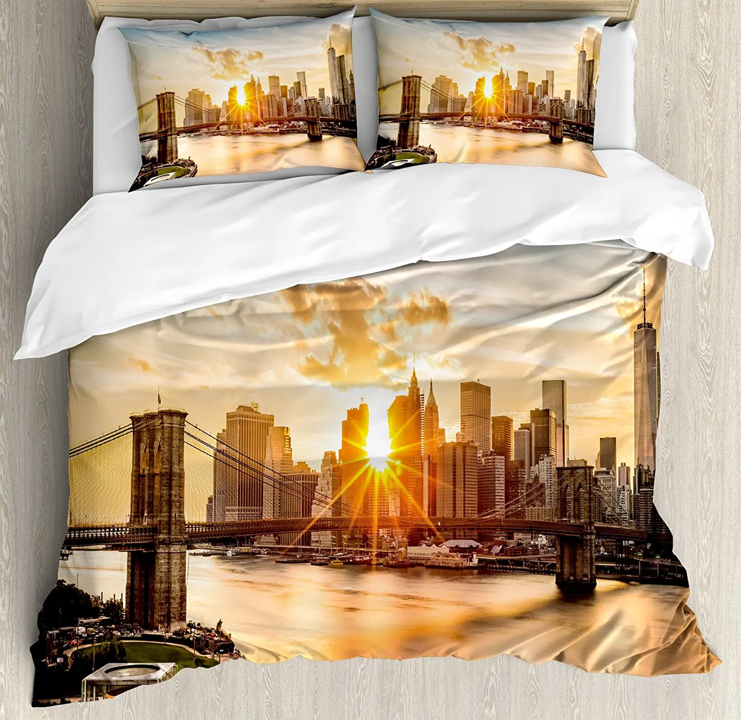 

NYC Decor Duvet Cover Set Cityscape of Brooklyn Bridge Lower Manhattan Hudson River Center of Fashion Art Culture Bedding Set