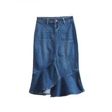 Для женщин Высокая Талия Джинсовые Юбки Лето Тонкий труба оборками Повседневное русалка юбка Для женщин Нерегулярные миди юбка джинс плюс Размеры 7XL
