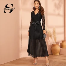 Sheinside, Черное контрастное кружевное платье с v-образным вырезом, женское осеннее плиссированное платье с кружевным рукавом с плотным поясом