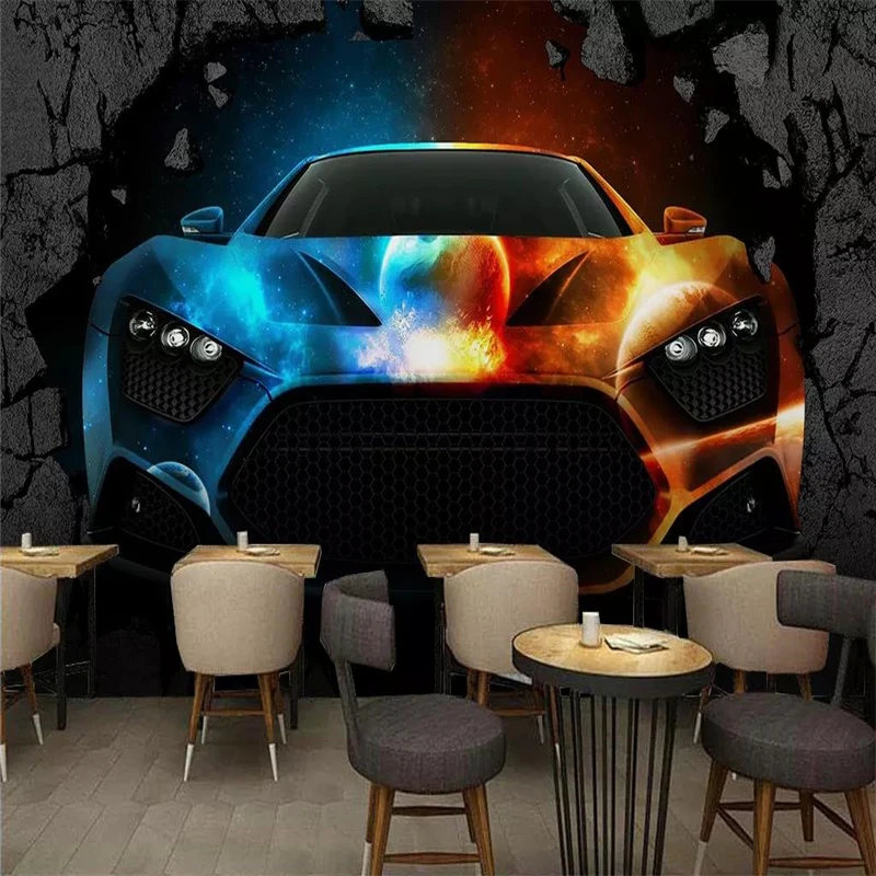 

Custom wallpaper murals 3d bar KTV cool luxury car broken wall background high-grade waterproof silk material