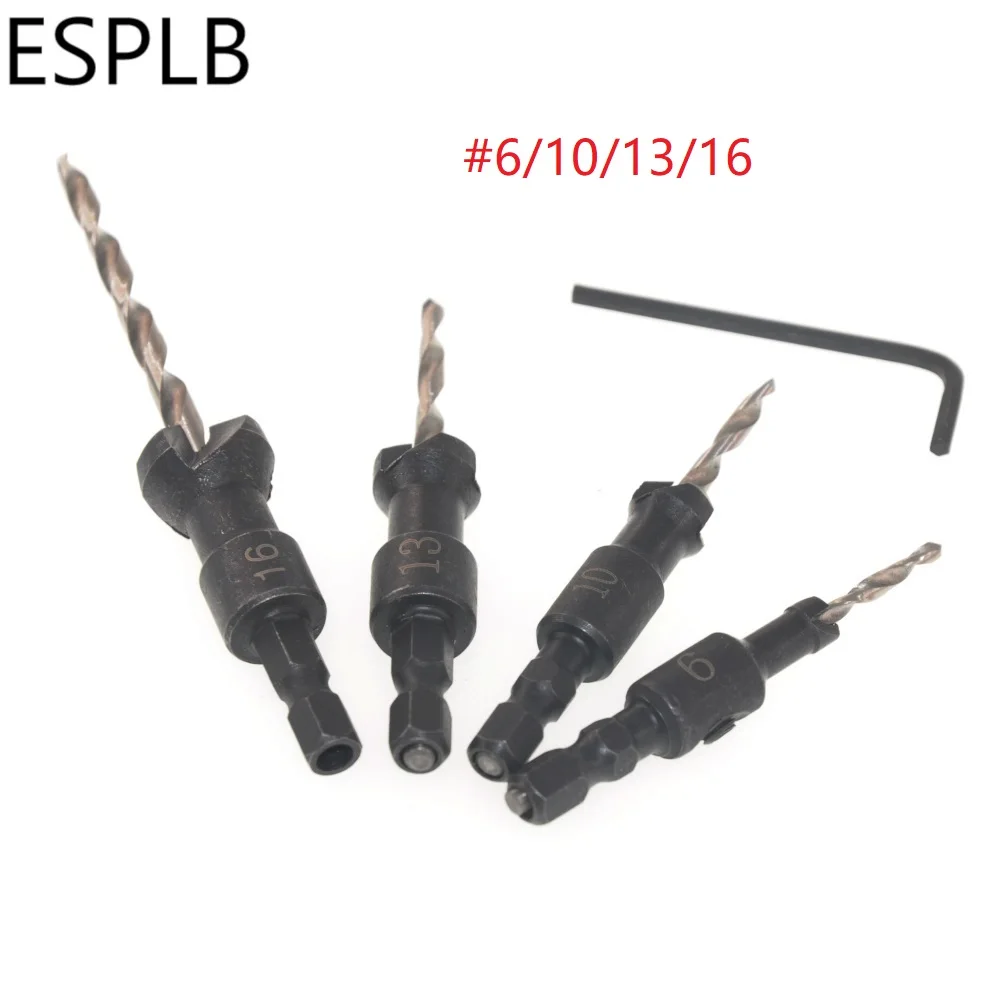 

ESPLB 4pcs 1/4 inch Hex Shank HSS Countersink Drill Bit Set #6 #10 #13 #16 Sink Holes Drilled Carpenter Woodworking Chamfer Tool