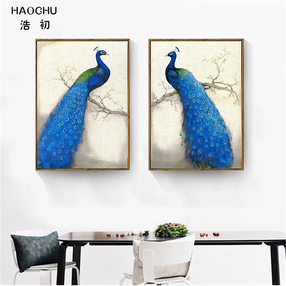 HAOCHU Nordic Modern Peacock ANIMALS Canvas Wall Paintings poster for sitting room dining home SCHOOL CAFE BAR Decor | Дом и сад