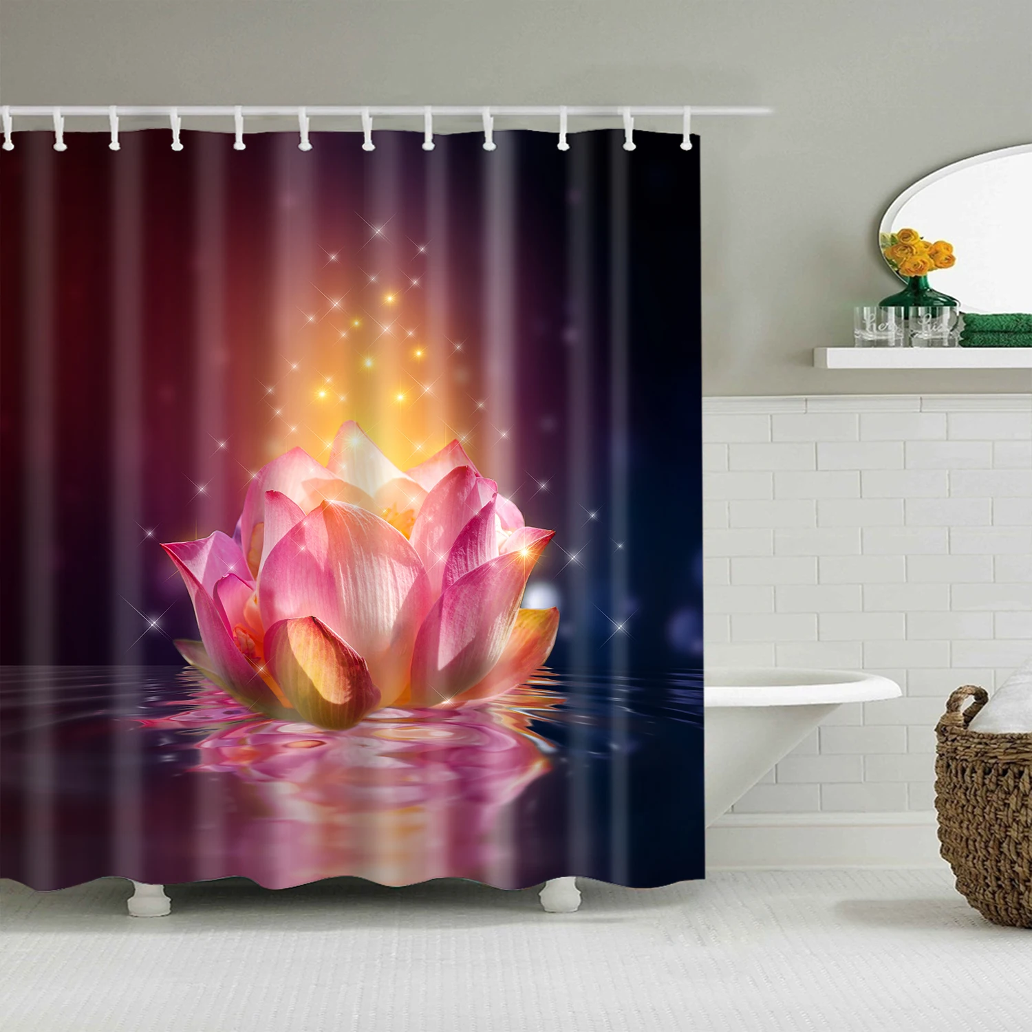 Black Shower Curtain Pink Flower Lotus Bath Curtains Buddhist