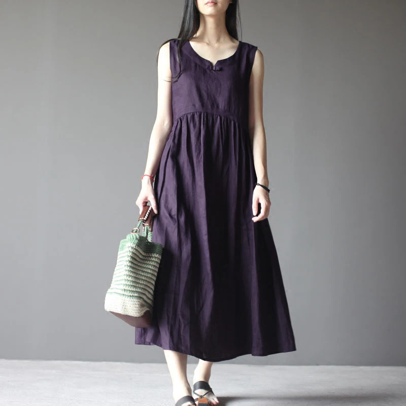 ZANZEA женское летнее винтажное свободное хлопковое льняное платье без рукавов с круглым вырезом, повседневное однотонное пляжное длинное платье размера плюс - Цвет: Фиолетовый