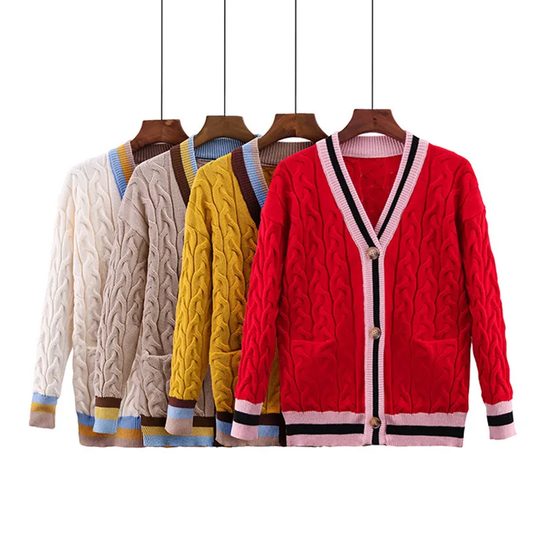 

Fahion Patchwork Cable Knit Sweater Women 2018 New Winter V-neck Red Female Cardigan Thick Warm Striped Sweater Feminine Coat