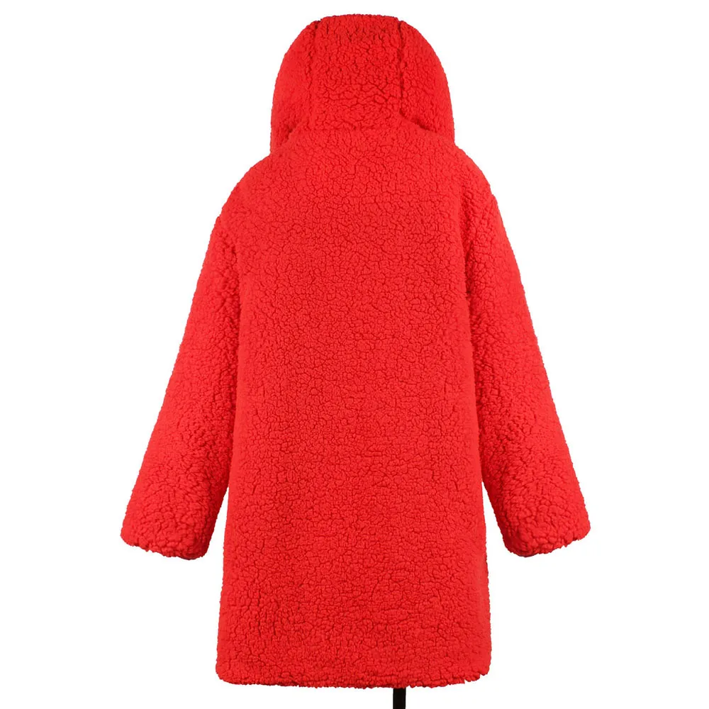 Зимнее Двустороннее пальто с искусственным мехом плюшевого мишки, женская модная куртка с капюшоном и открытой строчкой, Женское пальто с длинным рукавом