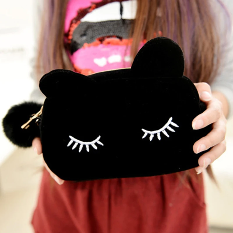 

2016 Offers Velvet Solid Color Makeup Bags Cat Design Cosmetic Make Up Organizer Bag Women Bag Cosmetics Necessaries