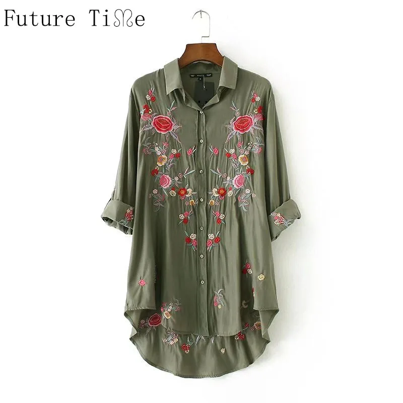 Future Time Women Elegant Floral Embroidery Shirts Long Sleeve Turn Down Collar font b Blouse b