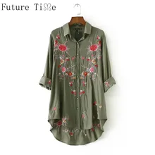 Future Time Women Elegant Floral Embroidery Shirts Long Sleeve Turn Down Collar font b Blouse b