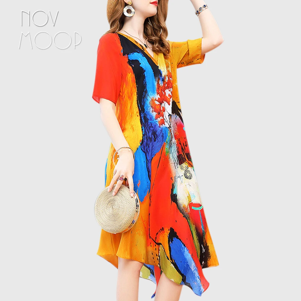 spring and summer women V neck natural dress abstract print retro thin temperament dress Vestido de seda LT2767