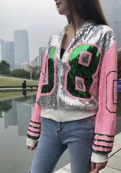 

Sequin Jacket Girls Sequin Coat Pink Shining Teenagers Jacket Garment Eyelets Female Cool Loose Jacket O-Neck Zipper Out Wear