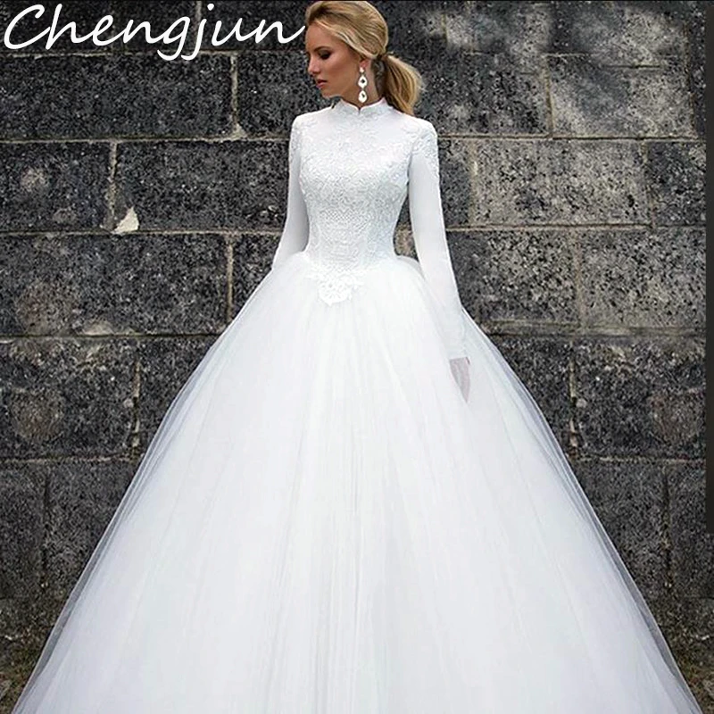 Chengjun 最新純白ヴィンテージエレガントな長袖イスラム教徒のウェディングドレス夜会服 Wedding Dresses Aliexpress