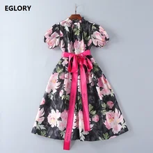 Jewlery Button Dress New 2018 Spring Summer Floral Dress Women Ruffled Collar Short Sleeve Midi Ball Gown Dress With Ribbon Belt