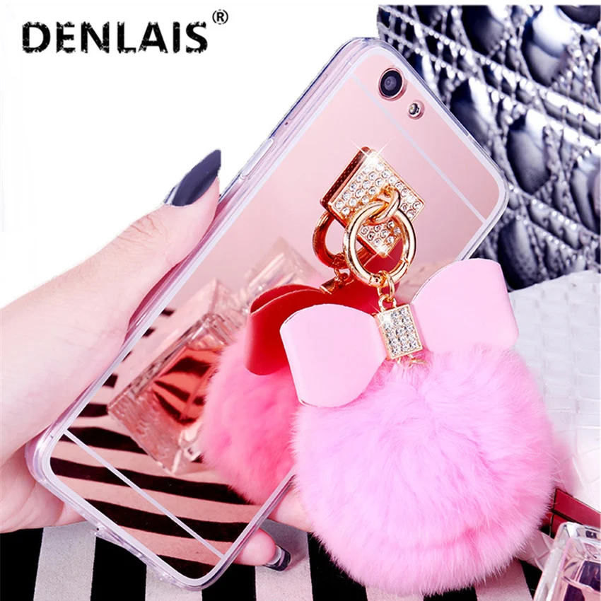 Luxury Rhinestone Mirror Case For iPhone X Cute Fur Ball Tassel Clear Soft Phone 5S 6 6S Plus 8 7 Capa |
