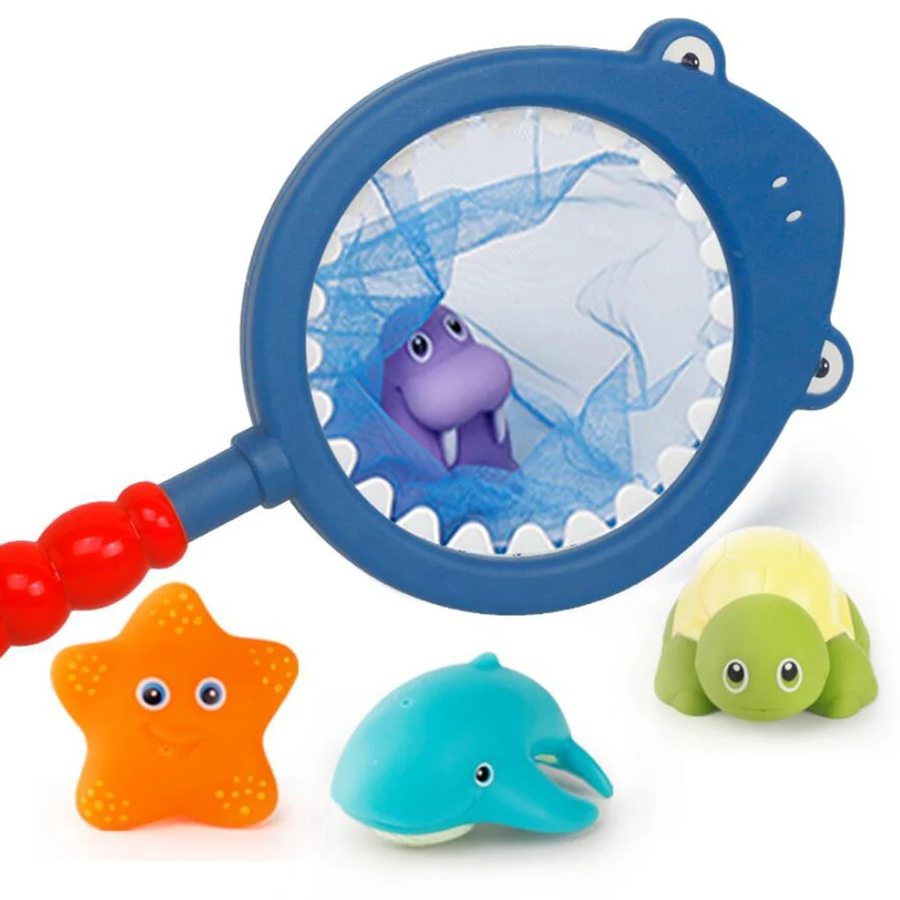 

Bathroom Shower Water Soft Glue Spray Animal Swimming Float Toys Colorful Cute Shark Fishing Net Children Bath Toys Set