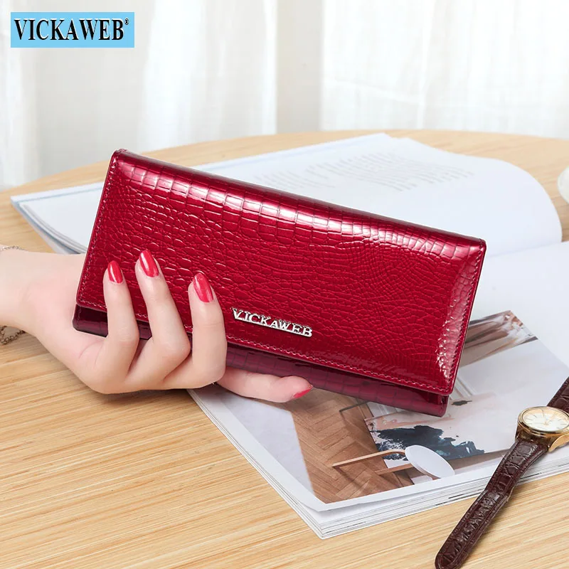 Продажа VICKAWEB Длинный кошелек, кошелек из натуральной кожи, женский кошелек, Одноцветный, Дамский кошелек, на застежке, женские кошельки и кошельки, п...