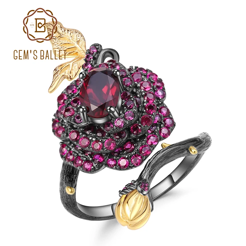 

GEM'S BALLET 1.00Ct Natural Rhodolite Garnet Rose Flower Ring 925 Sterling Silver Handmade Adjustable Open Ring for Women Bijoux