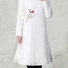 Зима белый Китайский этнический стиль madarin воротник цветочные леди толстый хлопок и лен пальто
