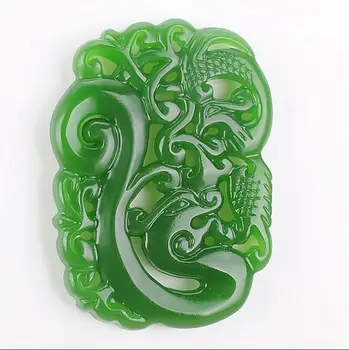 

Fine Jewelry Natural Green Hand-carved Chinese Hetian Jasper Dragon and Phoenix Pendant Free Shipping