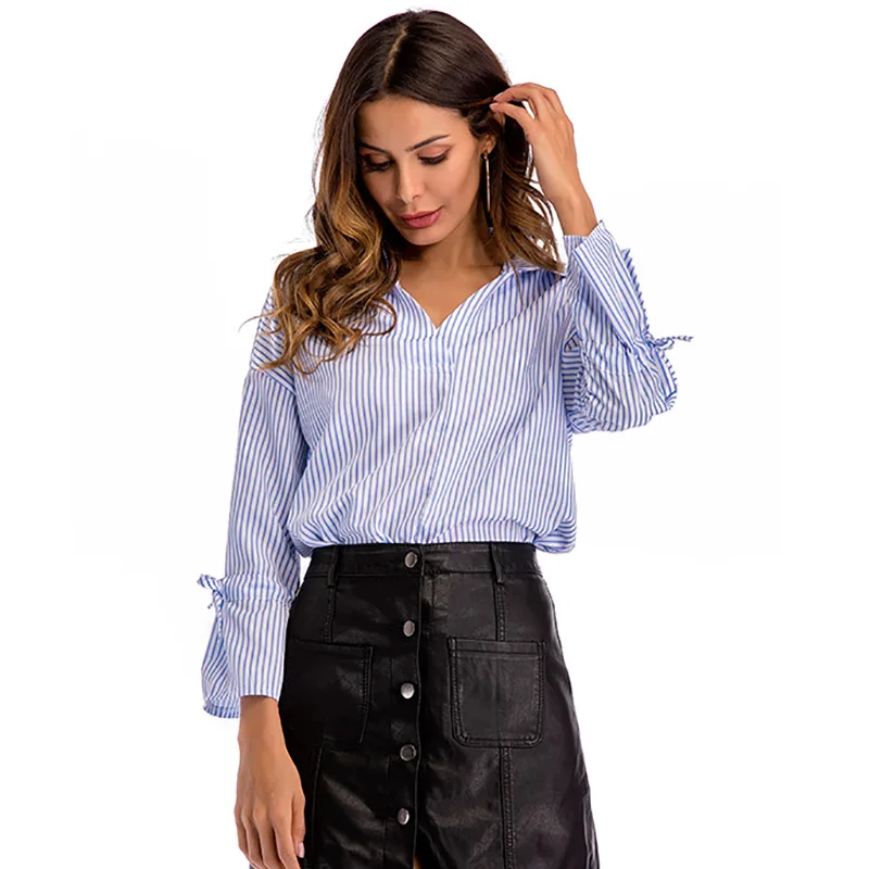 ShejoinSheenjoy Striped Bow Tie Long Sleeve Loose Casual Shirt Ladies Blouses Autumn Tops V-Neck Blouse Shirt Top Women Shirts (13)