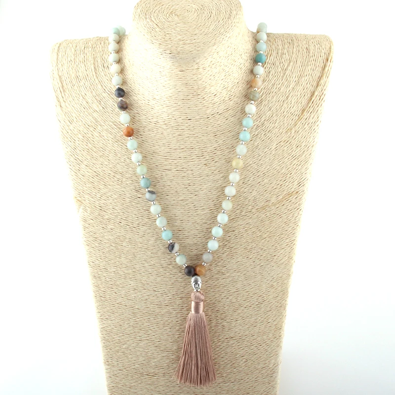 Fashion Bohemian Tribal Beige Tassel Yoga Jewelry Amazonite Stone Buddha Necklace For Women Lariat Necklaces