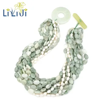 

Lii Ji Natural Chinese Serpentine jade,Freshwater Pearl Beads 9 Rows With Big Jade Toggle Clasp Necklace