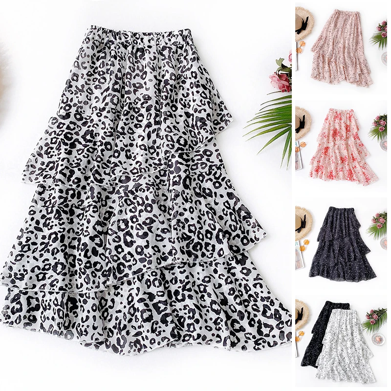 Women Skirt Summer Chiffon Skirts Layered Printed Ruffled Holiday High Waist Stylish Midi Sweet Skirts